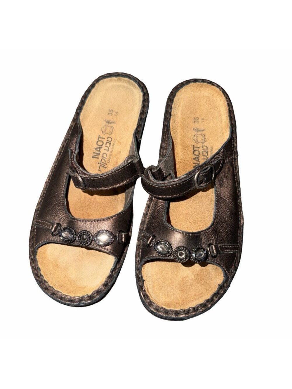 Naot Bronze Metallic Leather Rhinestone Mary Jane Slide Sandals EU 35 comfort